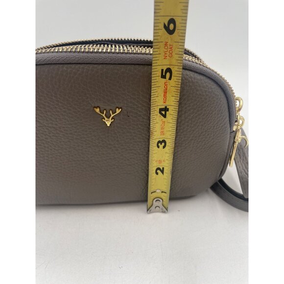 Brown Faux Leather Crossbody Bag With Gold Double Zippers Antler Logo 8x5 in - Picture 12 of 12